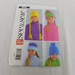 Butterick See & Sew 4003 Kids Children Fleece Winter Hats Sizes S M L UNCUT New